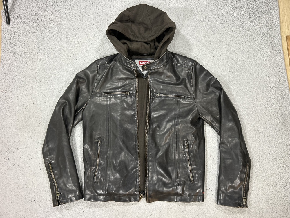 Levis Jacket Mens Small Brown Faux Leather Hooded Moto Biker Full Zip Lined